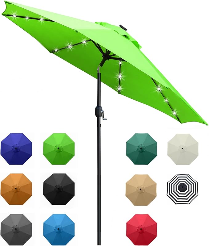 Sunnyglade 9' Solar LED Lighted Patio Umbrella with 8 Ribs/Tilt Adjustment and Crank Lift System (Grass Green) Sunnyglade