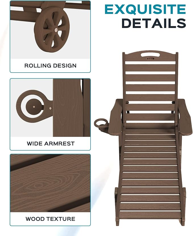Ciokea Outdoor Lounge Chair Set of 4, All Weather Patio Chaise Lounge Chair for Outside, HDPE Chair with Rolling Wheels & Cup Holder, 5 Position, Deck, Pool, Dark Brown CIOKEA