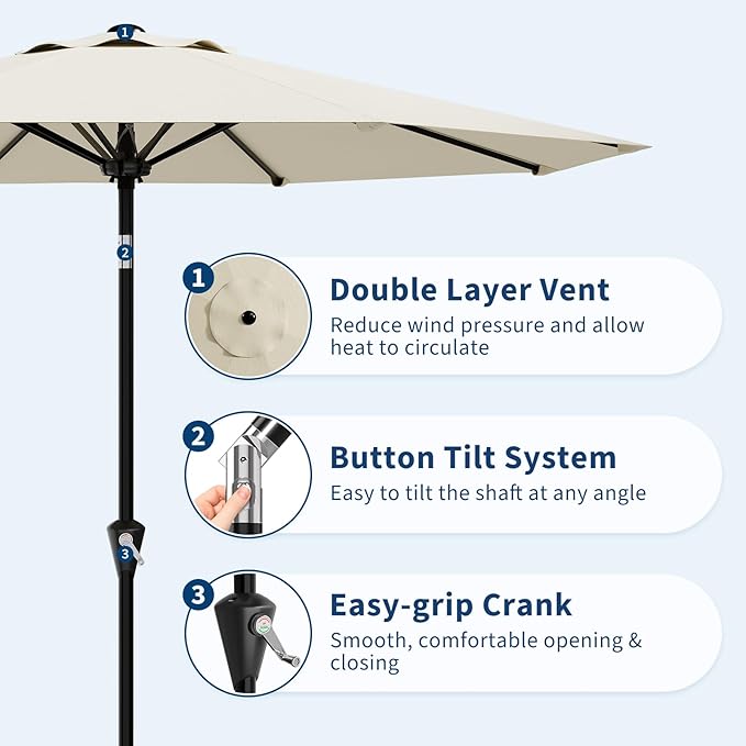 Garvee 9FT Patio Umbrella - Outdoor Table Umbrella with Smooth Crank Lift, Push Button Tilt and 8 Sturdy Ribs - Market Umbrella UV Protection Waterproof for Pool, Deck, Yard, Garden -Beige Garvee