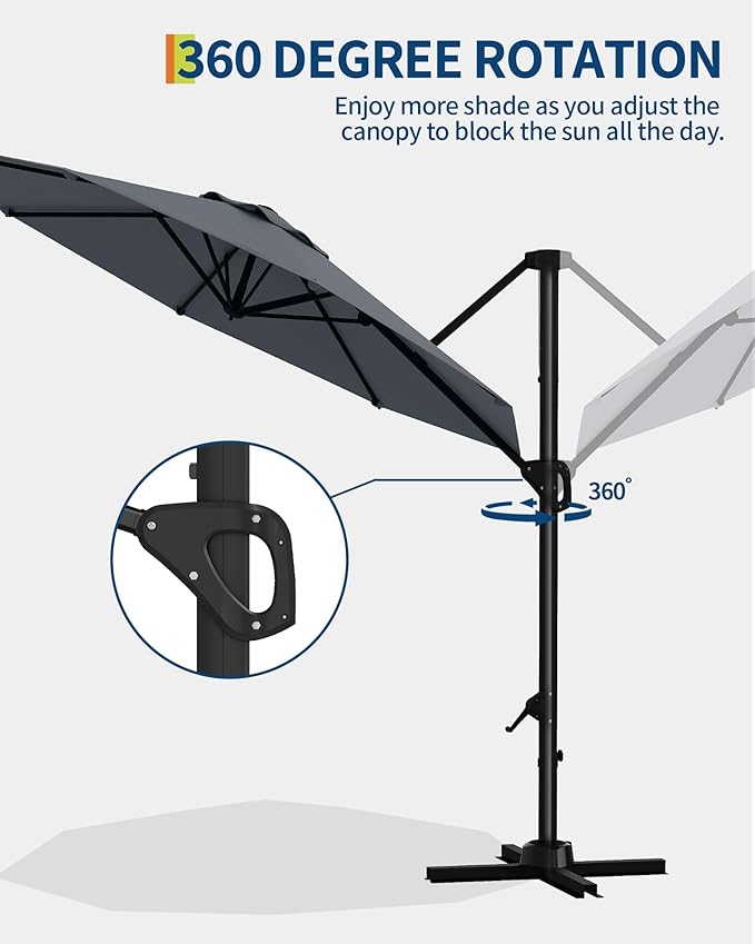 GarveeLife 10 ft Patio Umbrella Outdoor Large Cantilever Umbrella Market Sun Shade Windproof Offset Umbrella with 360-Degree Rotation for Garden Deck Pool Patio, Grey GarveeLife