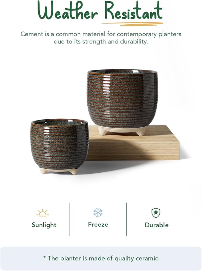 LE TAUCI Ceramic Plant Pots, 5.1 + 6.4 Inch Footed Pots for Plants, Modern Flower Pots for Home and Office, Indoor Planters with Drainage, Reactive Glaze Black LETAUCI