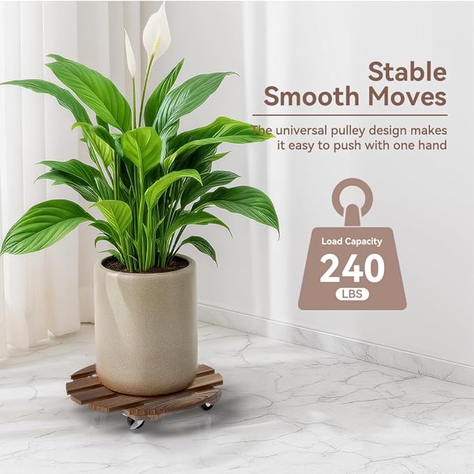2 Pack Plant Stand Indoor and Outdoor, 12IN Premium Wooden Plant Caddy with Wheels, Heavy Duty Plant Stands with 360° Lockable Wheels, Classic Plant Cart Rootora
