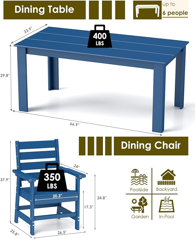 GREENVINES 7-Piece Outdoor Dining Set | HDPE | Patio Table and Chairs Sets for 6 | Patio Furniture | All Weather | Umbrella Hole | Blue| for Backyard Poolside Garden GreenVines