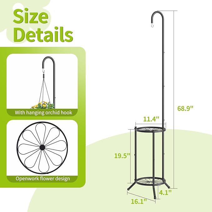 Plant Stand with Hooks Indoor Outdoor Corner Tall Plant Stand Heavy-Duty Metal 3-Tier Plant Shelf Holder Rack for Patio Garden Balcony Living Room Bedroom(semicircular Black) BMOSU