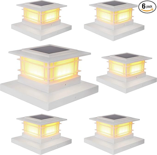 Dynaming 6 Pack Solar Post Cap Lights Outdoor, White Shell Fence Post Solar Lights Fit for 4x4 5x5 Vinyl/Wooden Posts, High Brightness Warm White SMD LED Lighting Decor for Garden Deck Patio Dynaming