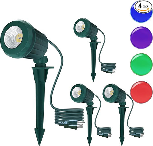Spotlight Outdoor – 120V Plug-In, 6500K Cool White LED Landscape Lighting with RGB Purple 4 Color Lenses for Yard, Garden, Lawn & Tree Decor on Holidays&Everyday, IP67 Waterproof (4 Pack,Green) Holeva
