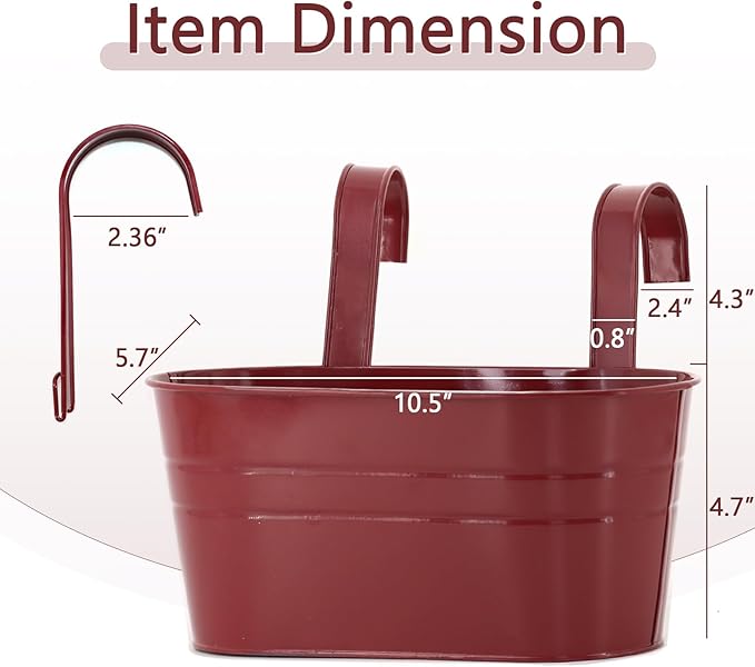3 Pack Metal Railing Planters, 10.5" Oval Hanging Flower Pots with Detachable Hooks & Drainage Holes, Fits Rails up to 2.36", Galvanized Iron Fence Bucket for Balcony Garden Patio - Red MeltsetM