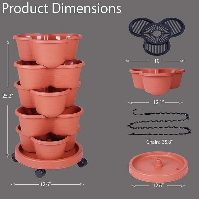 5-Tier Vertical Garden Tower Stackable Planter for Strawberries, Flowers, Vegetables & Herbs 2-Pack Pinky+Family