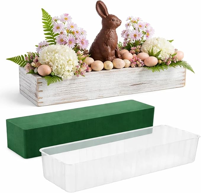 Dandat 1 Set Wood Boxes for Centerpieces 16x4 Inch Rectangle Wooden Planter Box Rustic Wooden Planters with Removable Plastic Liner Floral Foam Blocks for Christmas Wedding Home Garden Decor(White) Dandat