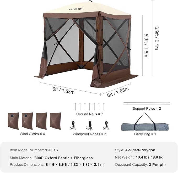 VEVOR Pop Up Gazebo Tent, Pop-Up Screen Tent 4 Sided Canopy Sun Shelter with 4 Removable Privacy Wind Cloths & Mesh Windows, 6x6FT Quick Set Screen Tent with Mosquito Netting, Brown VEVOR
