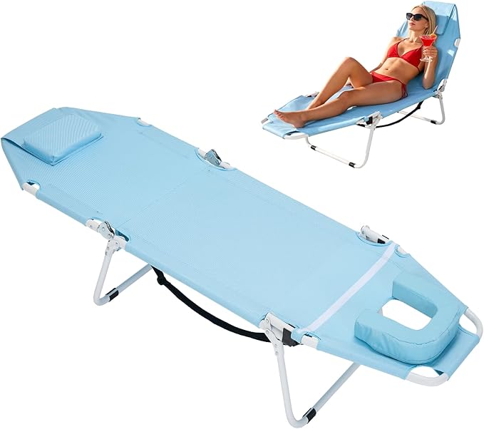 ABORON 2-in-1 Tanning Chair with Face Hole, Folding Camping Cot for Adults, 5-Position Adjustable Lounge Chair with Pillow, Heavy Duty 600D Oxford Portable Cot for Beach, Patio, Poolside ABORON