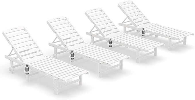 SERWALL Patio Chaise Lounge Chair Set of 4, HDPE Outdoor Lounge Chair with Cup Holder, 5 Positions Adjustable Pool Lounger with Rolling Wheels for Poolside, Deck, Sunbathing, White SERWALL