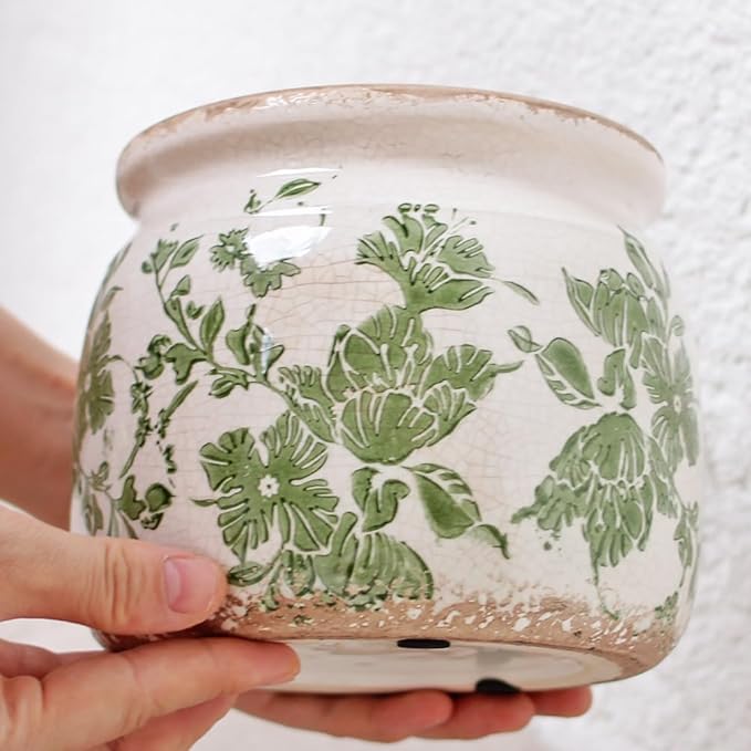 Tuscan Ceramic Indoor Plant Pot & Vase for Home Decor, 6.29'' Rustic Farmhouse Planter w/Drainage for Snake Plant, Pothos and Houseplants, Vintage Office & Tabletop Decoration, Gift for Mom (Green) XiaanJiaju