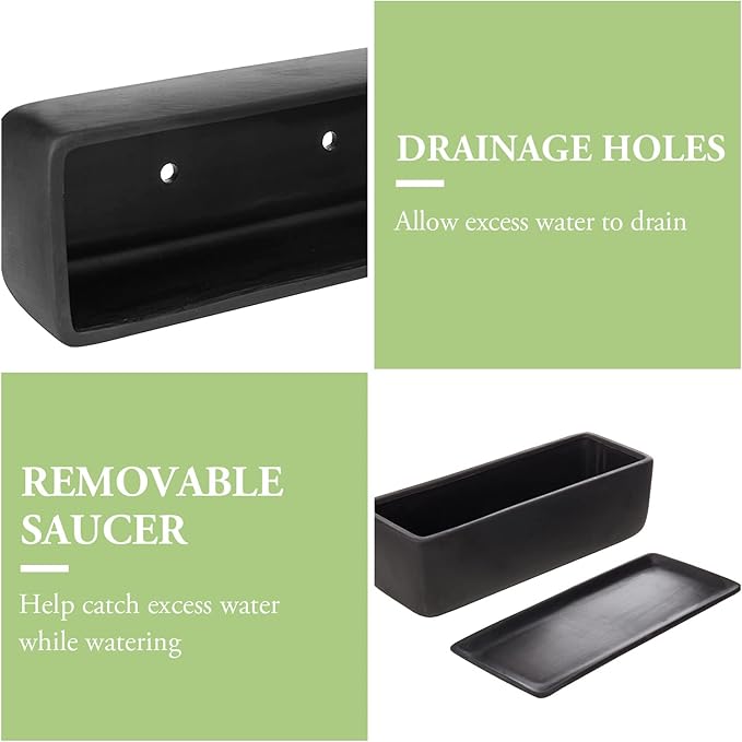 MyGift 14 Inch Ceramic Indoor Plant Pot, Rectangular Succulent Planter, Decorative Flower Planter with Drainage Hole and Removable Tray, Matte Black MyGiftHome