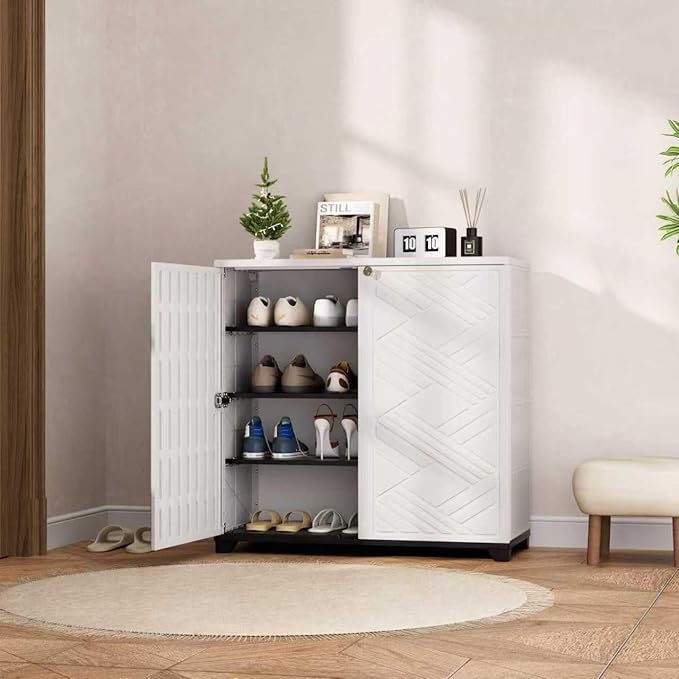 Outdoor/Indoor Storage Box,Resin and Plastic Storage Cabinet Waterproof,Outdoor Cabinet for Patio/Garden/Balcony/Backyard/All Room(with 3 Shelves)-White Mrosaa