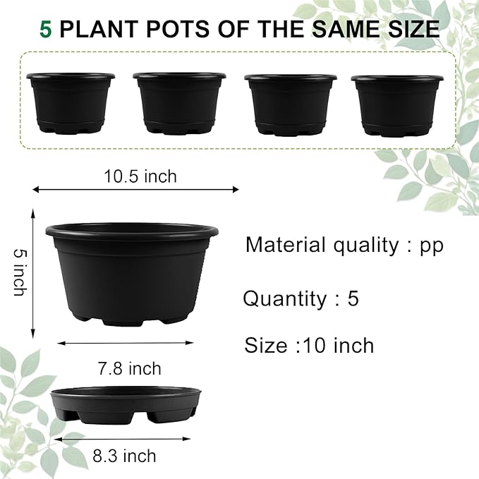 5 Pack 10.5 inch Plant Pots,Planter-Pots-for-Plants，Plastic Flower Pot for Indoor Outdoor Plants with Drainage Holes & Trays, Decorative Garden Containers Sets for Houseplants KPUVX