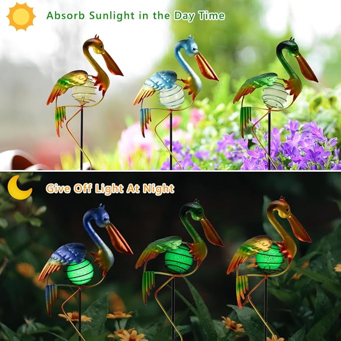 3Pcs Pelican Decorative Garden Stakes, 56.5''H Waterproof Glow in The Dark Metal Yard Decor,Luminous Spring Decorative Garden Stakes for Lawn Patio Pathway SATHGA