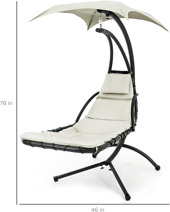 Best Choice Products Outdoor Hanging Curved Steel Chaise Lounge Chair Swing w/Built-in Pillow and Removable Canopy - Ivory BestChoiceProducts