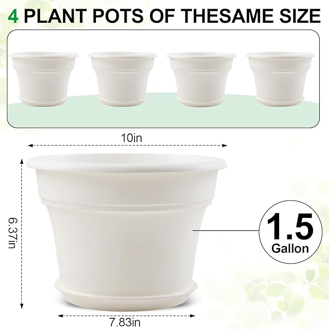 10 Inch Plastic-Flower-Pot-for-Indoor-Plants, 4 Pack Large Outdoor Planter Pot with Drainage Holes & Saucers, Resin Decorative Garden Pots Planters Pottiffe