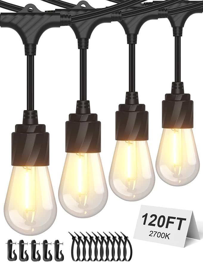 XMCOSY+ 120FT Outdoor String Lights Waterproof - LED Patio Hanging Lights for Outside Porch Backyard Gazebo Garden, Commercial Grade 42 Edison Bulbs XMcosy