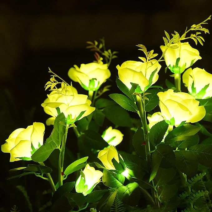 GONIMY Outdoor Realistic Solar Powered Rose Flower Lights Stake,2 Pack 10 Rose Solar Garden Decorative Waterproof Lights for Backyard Patio Pathway Xmas Decoration-Yellow GONIMY