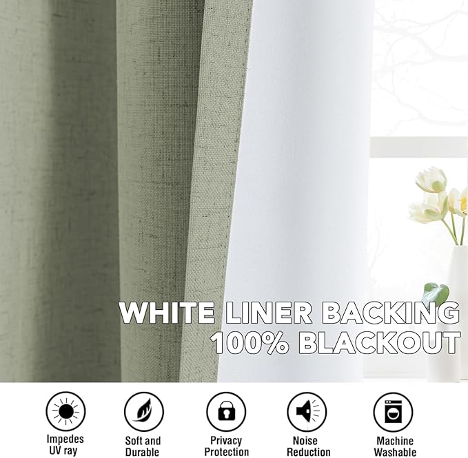 H.VERSAILTEX Linen Curtains 100% Blackout Curtains for Bedroom 102 inch Long Full Light Blocking Nature Linen Blended Window Curtains for Living Room Nickel Grommet (2 Panels, Heathered Tea) HVERSAILTEX