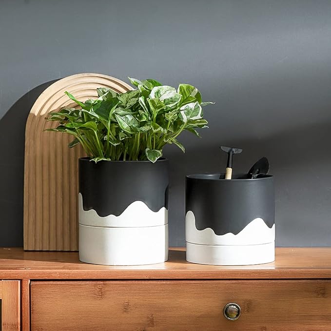Nihow Self Watering Plant Pot: 6 Inch Ceramic Planter with Drainage Hole & Water Storage Plus for Indoor & Outdoor Plants - Cylinder Round Flower Pot for Succulent/Herbs/Violets - Black & Wave White Nihow