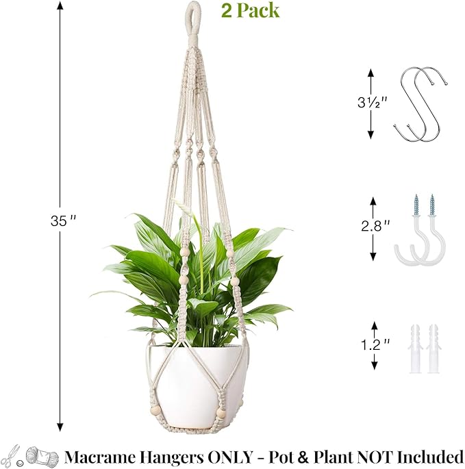 Macrame Plant Hanger Indoor Set of 2 with 4 Hooks, Indoor Outdoor Hanging Planter for Plants Holder with Decorative Wood Beads & No Tassels, Boho Home Decor, 35 Inch Ivory (Pots Not Included) Rootora
