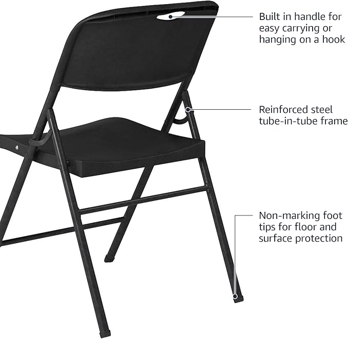 Amazon Basics Sturdy Foldable Plastic Chair, Portable, 350-Pound Capacity, Black, 6-Pack AmazonBasics