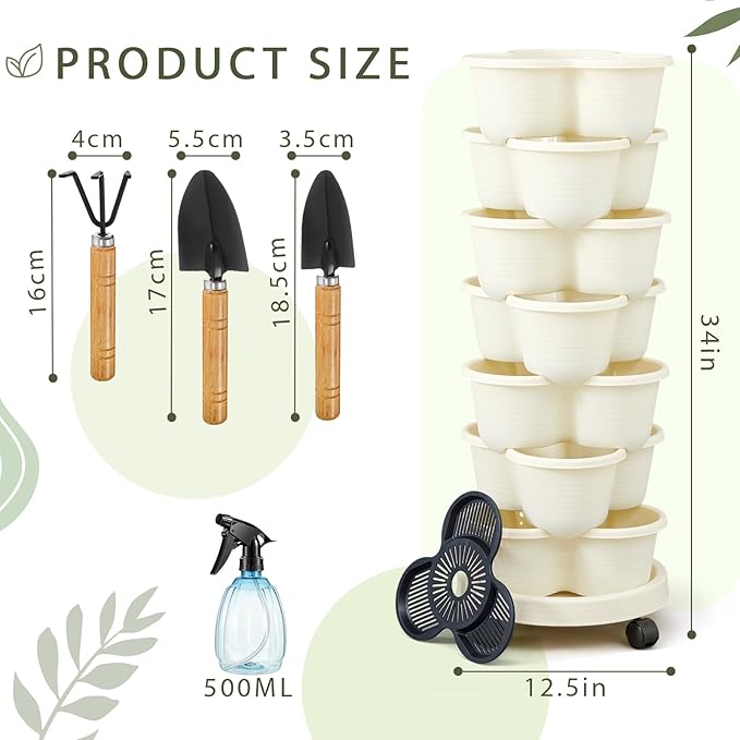 Umigy 2 Set Ivory 2 Set of 7 Tier Stackable Vertical Planters with Removable Wheels and Tools Tower Planters Strawberry Herb Flower Vegetable Pots Indoor Outdoor Gardening Pots Umigy