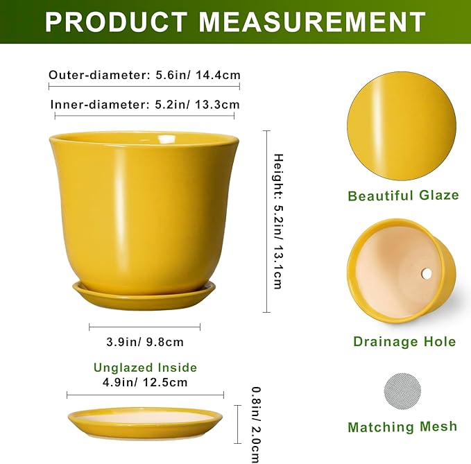 Ceramic Plant Pots - 5.6 Inch Planter with Drainage Hole and Saucer, Round Small Plant Pot for Indoor Outdoor, Modern Flower Succulent Orchid Pot, Desk Decor, Plant Lover Gifts, Yellow SUNPOTFOR