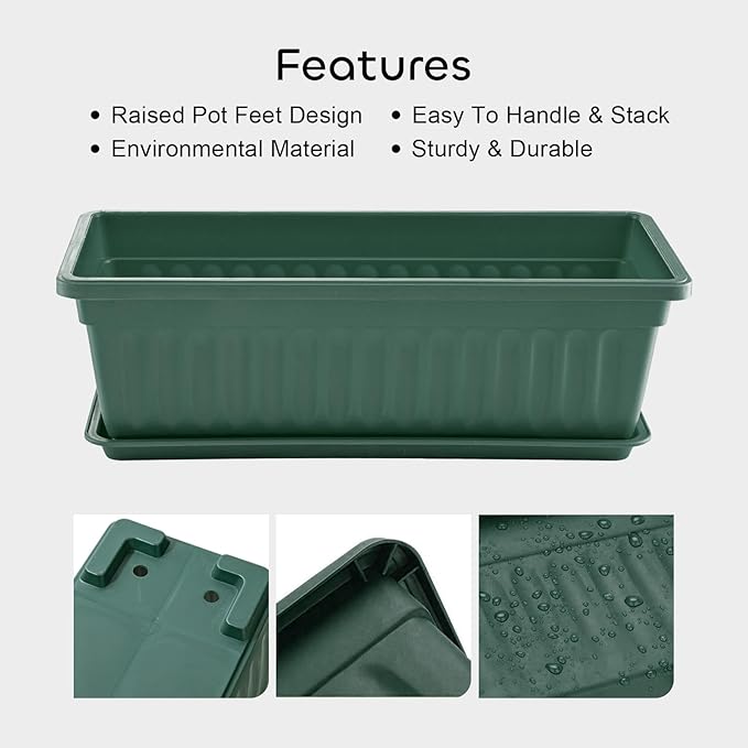 GROWNEER 6 Packs 17 Inches Green Flower Window Box Plastic Vegetable Planters Long Pots with 15 Pcs Plant Labels for Outdoor Indoor Windowsill Patio Garden Home Decor Porch GROWNEER