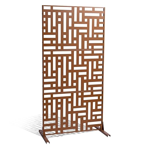 VEVOR Metal Privacy Screen, 47" W x 76" H, Outdoor Privacy Screens 3-Panel, Freestanding Outdoor Divider with Stand, Decorative Garden Steel Privacy Fence for Balcony Patio Indoor Room Hot Tub Brown VEVOR