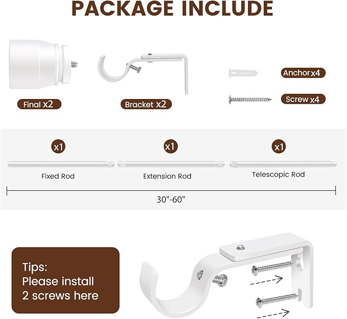 1” Diameter Curtain Rods Itself is 30 to 60 inch 1 Pack Fit 30-54 inch Window with Heavy Duty Adjustable Rod Matte White Splicing Metal Extra Long Curtain Rod for Windows Rootora