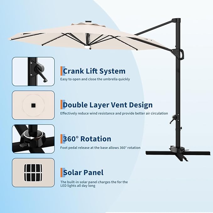 Garvee 10 ft Cantilever Patio Umbrella with Solar Lights, 360° Rotation Offset Umbrella, Easy Crank & Tilt Adjustment, UV Protection for Backyard, Poolside, Deck -Beige Garvee
