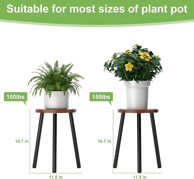 2-Pack Wood Plant Stands Indoor, 16.7" Tall Plant Stand Outdoor Mid-Century Plant Stool, Single Plant Table Modern Small Round Side/End Table for Living Room, Balcony, Office(Brown) Rootora