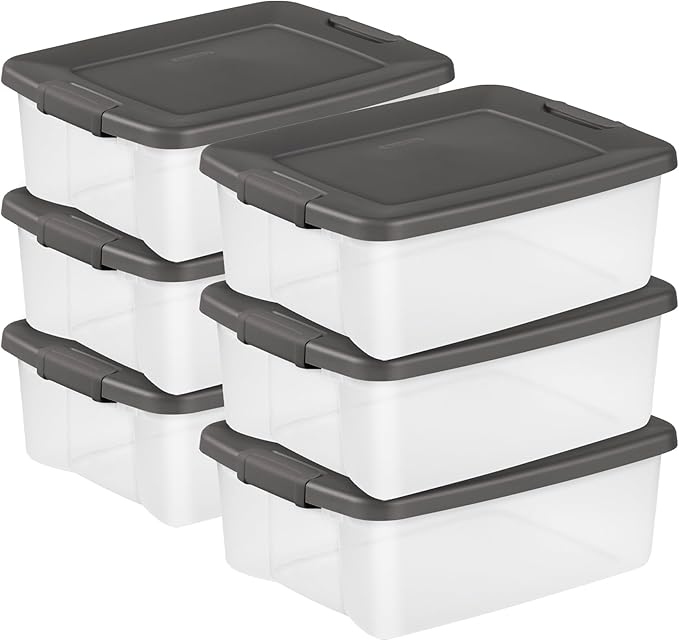 Sterilite 6-Pack ShelfTote, Clear Plastic Storage Bins with Lids, 25 Quart, Gray - Stackable Organizing Container Boxes for Closet, Bathroom, and Office Sterilite