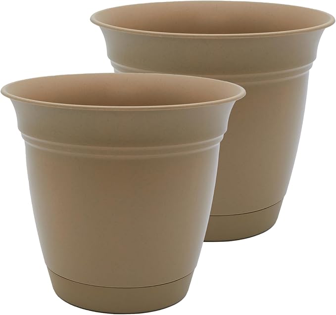 The HC Companies 10 Inch Eclipse Round Planter Pots with Drainage Holes & Attached Saucer, Lightweight UV-Resistant Plastic Indoor & Outdoor Planters, 2-Pack Flower Pots, Garden Home Decor, Sandstone TheHCCompanies