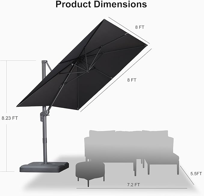 PURPLE LEAF Patio Umbrella 8' X 8' Rectangle Cantilever Umbrella Large Aluminum Outdoor Umbrellas with 360-degree Rotation & UPF40+ Premium Fabric for Deck Pool Garden Yard, Graphite Grey Rootora
