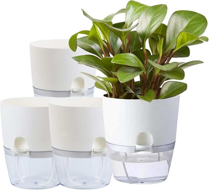 6Inch Self Watering Planter Pots 4 Pack Plant Pot for Indoor Wicking Flower Pots Plant Pots Modern Decorative Planter for Small African Violets House Plants,Herbs,Indoor Outdoor Plant (White) Thorkok