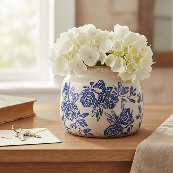 Chinoiserie Ceramic Plant Pot for Garden Decor, 6.29in Rustic Farmhouse Planter with Drainage Hole for House Plants, Blue and White Vase for Centerpiece, Kitchen & Office Decoration, Plant Lover Gifts XiaanJiaju