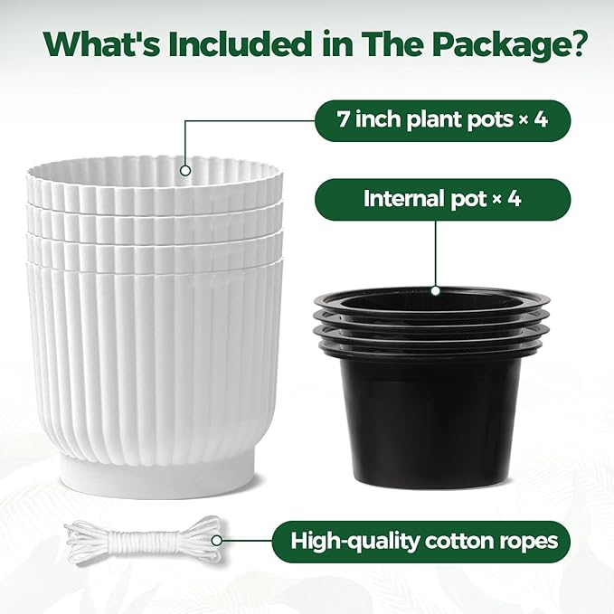 T4U 7 Inch Self Watering Pots for Indoor Plants, 4 Pack Plant Pots, Self Watering Planter for Indoor Plants, Durable Plastic Pots (4 Pack, 7", White) T4U
