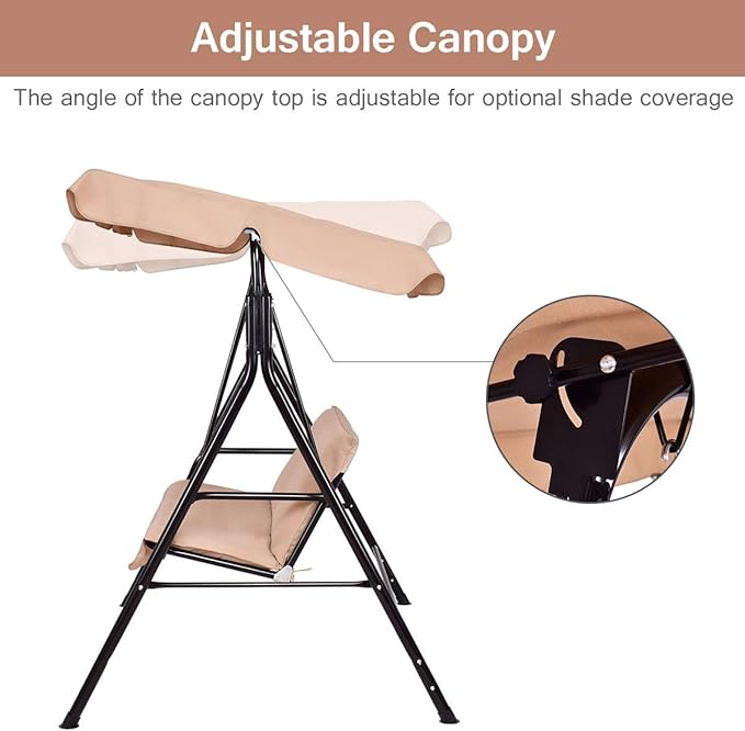 Tangkula 2 Person Porch Swing, Outdoor Swing with Removable Cushions, Solid Steel Structure, Patio Swing with Adjustable Canopy for Porch, Backyard, Garden, Balcony Beige TANGKULA