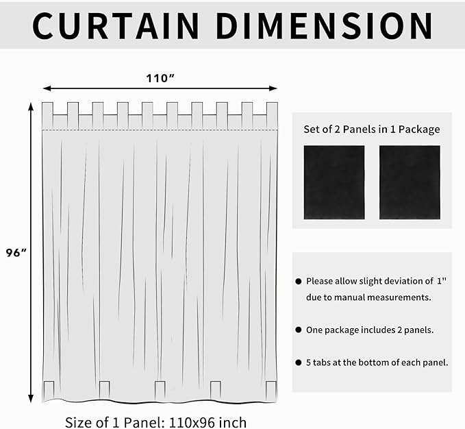 Easy-Going Outdoor Patio Curtains Detachable Tab Top Windproof Weatherproof Curtain for Cabana, Porch, Pergola and Gazebo, Tab Bottom Drape, 2 Panels, 110W x 96L inch, Black Easy-Going