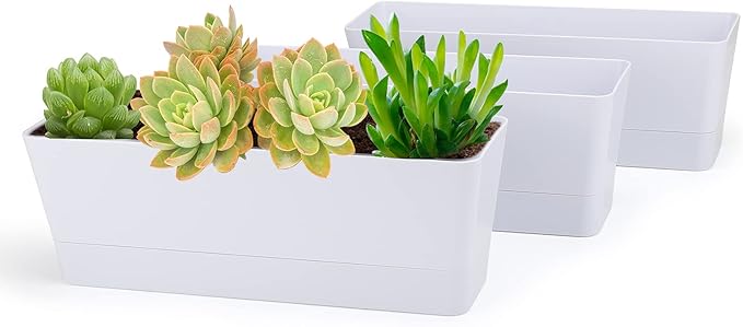 GREANER Flower Boxes, 3 Pack 12x3.8 Inch Rectangle Window Boxes, Herb Planters with Tray, Indoor Succulent Cactus Flowers Plastic Drawable Pot for Windowsill, Garden, Balcony, Office Outdoor (White) GREANER