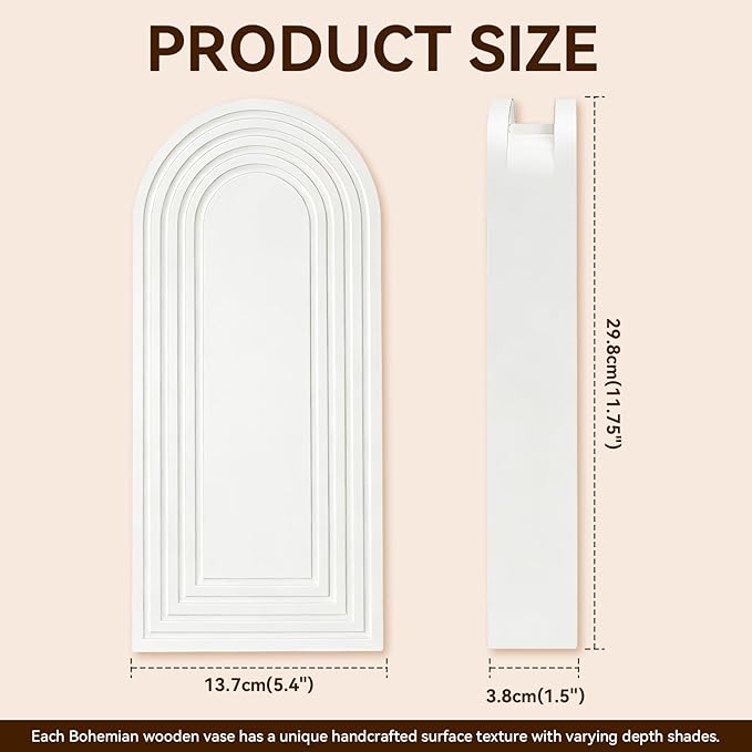 2 Pack Wooden Wall Vase Set, Boho Hanging Planter for Indoor Plants & Flowers, Wood Wall-Mounted Planters for Living Room, Modern Farmhouse Entryway or Bathroom, Rustic Art for Home (White) Rootora