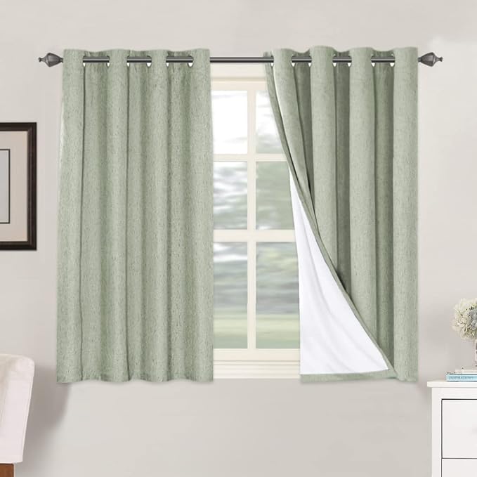 H.VERSAILTEX Linen Blackout Curtains 45 Inches Long 100% Absolutely Blackout Thermal Insulated Textured Linen Look Curtain Draperies Anti-Rust Grommet, Energy Saving with White Liner, 2 Panels, Sage HVERSAILTEX