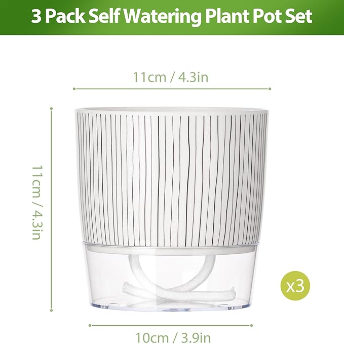 3 Pack Self Watering Pots Set, 4 Inch Self Watering Pots for Indoor Plants, Planter Pot with Wick Rope and Reservoir for African Violet, Spider Plant, Orchid Rootora