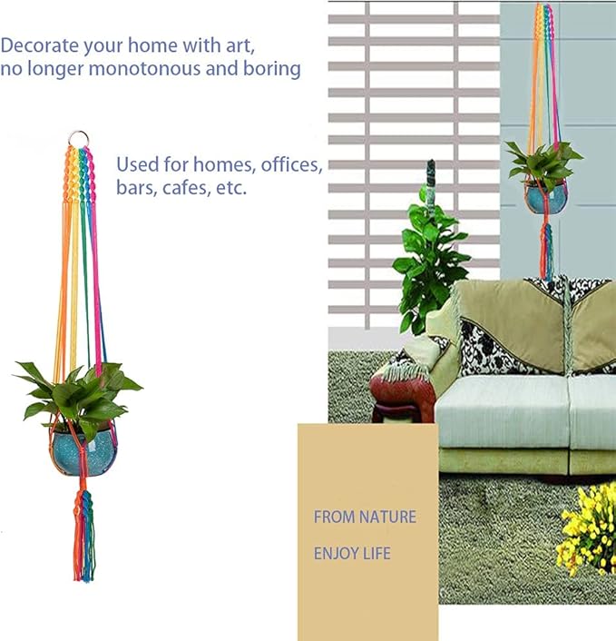 Rainbow Colorful Macrame Plant Hanger with 2 Hooks, Hanging Plant Holder Indoor Outdoor, Handmade Cotton Rope for Boho Room Decor Hanging Ceiling Decor，2 Pack HOWMAX