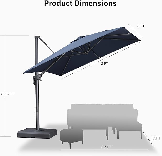 PURPLE LEAF Patio Umbrella 8' X 8' Rectangle Cantilever Umbrella Large Aluminum Outdoor Umbrellas with 360-degree Rotation & UPF40+ Premium Fabric for Deck Pool Garden Yard, Ocean Slate Rootora